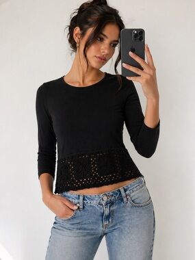 Black Crochet-Hem Long Sleeve Top - Women
